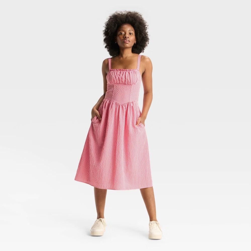 Wild Fable Women's Milkmaid Midi A-Line Dress Red Gingham
